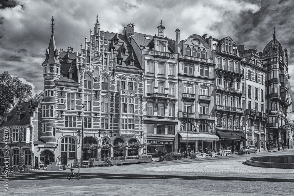 Historic gable houses on Mont des Arts in Brussels in black and white