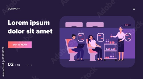 Passengers in air trip waiting for beverage flat vector illustration. Business class travelers sitting near airplane window. People travelling by plane. Airline, tourism and journey concept