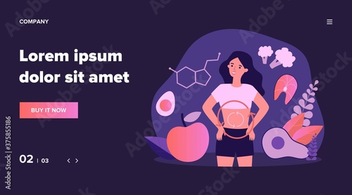 Metabolism of human organism flat vector illustration. Cartoon young woman eating diet food for energy. Digestion, metabolic system and hormones concept