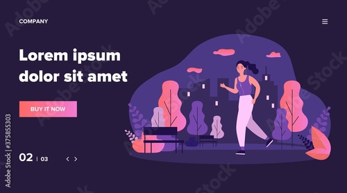 Jogger wearing headphones running down pathway outdoors. Woman training in city park in morning. Vector illustration for health, lifestyle, sport, activity concept