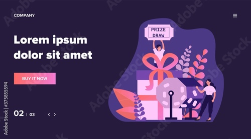 Lucky winners turning raffle drum and getting prize gift boxes. People winning prize draw. Vector illustration for lottery, luck, fortune, gambling concept