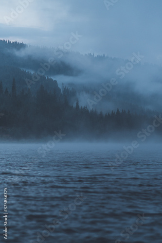 Dramatic view of a dark pine, spruce and fir forest near a calm lake over which steam floats during a mysterious foggy morning. Coniferous forest trees reflected in a mountaineous quiet lake.