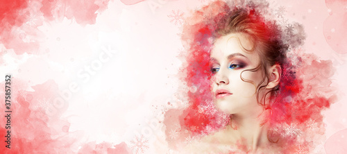 Beauty make up. High fashion model with creative colorful makeup. Red color