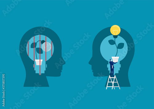 businessman holding light bulb for put think growth mindset different fixed mindset concept vector photo