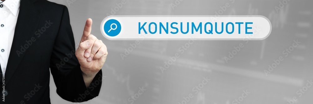 Fototapeta premium Konsumquote. Mann zeigt mit Finger auf Suchfeld im Internet-Browser. Wort/Text (blau) in der Suche.