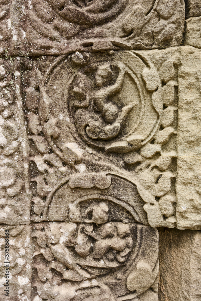 Stone bas relief carvings in Ta Som,  Angkor, Siem Reap Cambodia