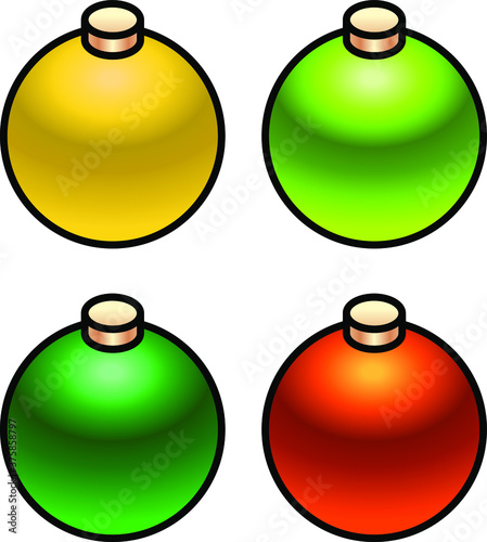 A set of 4 shiny christmas baubles. Citrus: orange, yellow and greens.