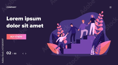 Happy young employees giving support and help each other flat vector illustration. Business team working together for success and growing. Corporate relations and cooperation concept.