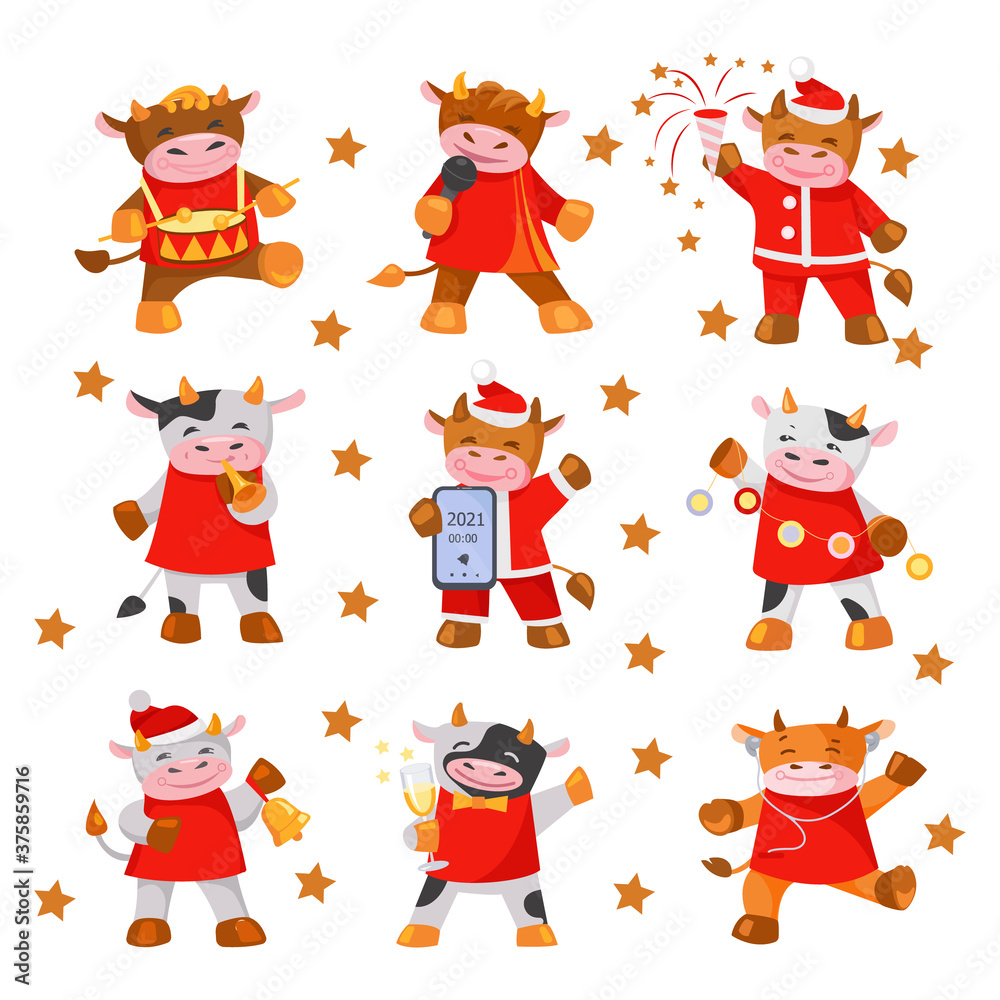 Set of cute bulls and cows. The symbol of the New Year. Vector illustration in flat style. Isolated on white. Set of cute bulls and cows. The symbol of the New Year. Vector illustration in flat style. Isolated on white.
