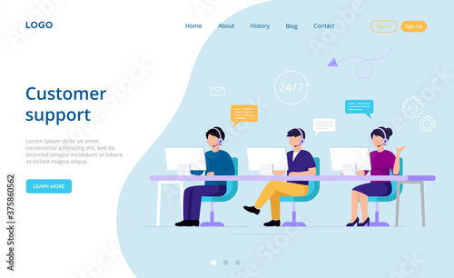 Round-The-Clock Customer Support Service Concept. People Working At The Call Center Using Computers, Internet And Headsets With Microphone. Support Working 24 7. Vector Illustration In Flat Style