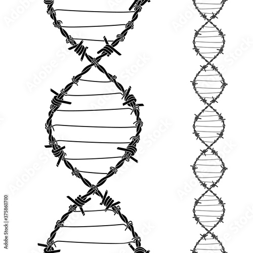 Barbed wires twisted and tied like a DNA spiral. Replicable tattoo design with editable outlines.