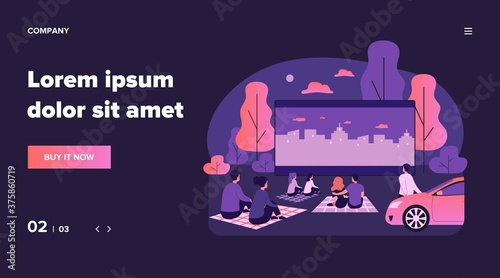 Outdoor cinema theater big screen. Friends and dating couples watching open air movie at night. Vector illustration for evening leisure, vacation, weekend concept