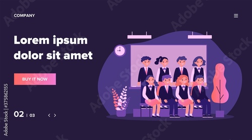 Happy students posing for photo in classroom. Cheerful teen girls and guys in school uniforms sitting and standing at blackboard. Vector illustration for photography, classmates, education concept