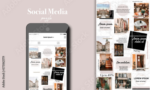 Social Media Puzzle Template Pack for creature your unique content. Mockup for personal blog. Modern ultra endless design banner, screen. app editorial service. Endless square puzzle for promotion.