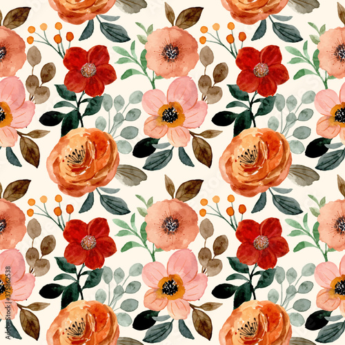 Watercolor brown flower seamless pattern