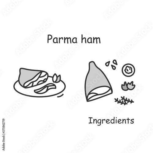 Parma ham icon. Italian smoked pork meat traditional smoked pork meat serving and ingredients. Concept of European food tradition and tasty easy recipe. Editable stroke vector illustration