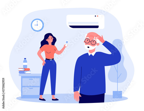 Young woman turning on air conditioner. Senior man feeling hot, sweating with heat flat vector illustration. Hot weather, home appliance concept for banner, website design or landing web page