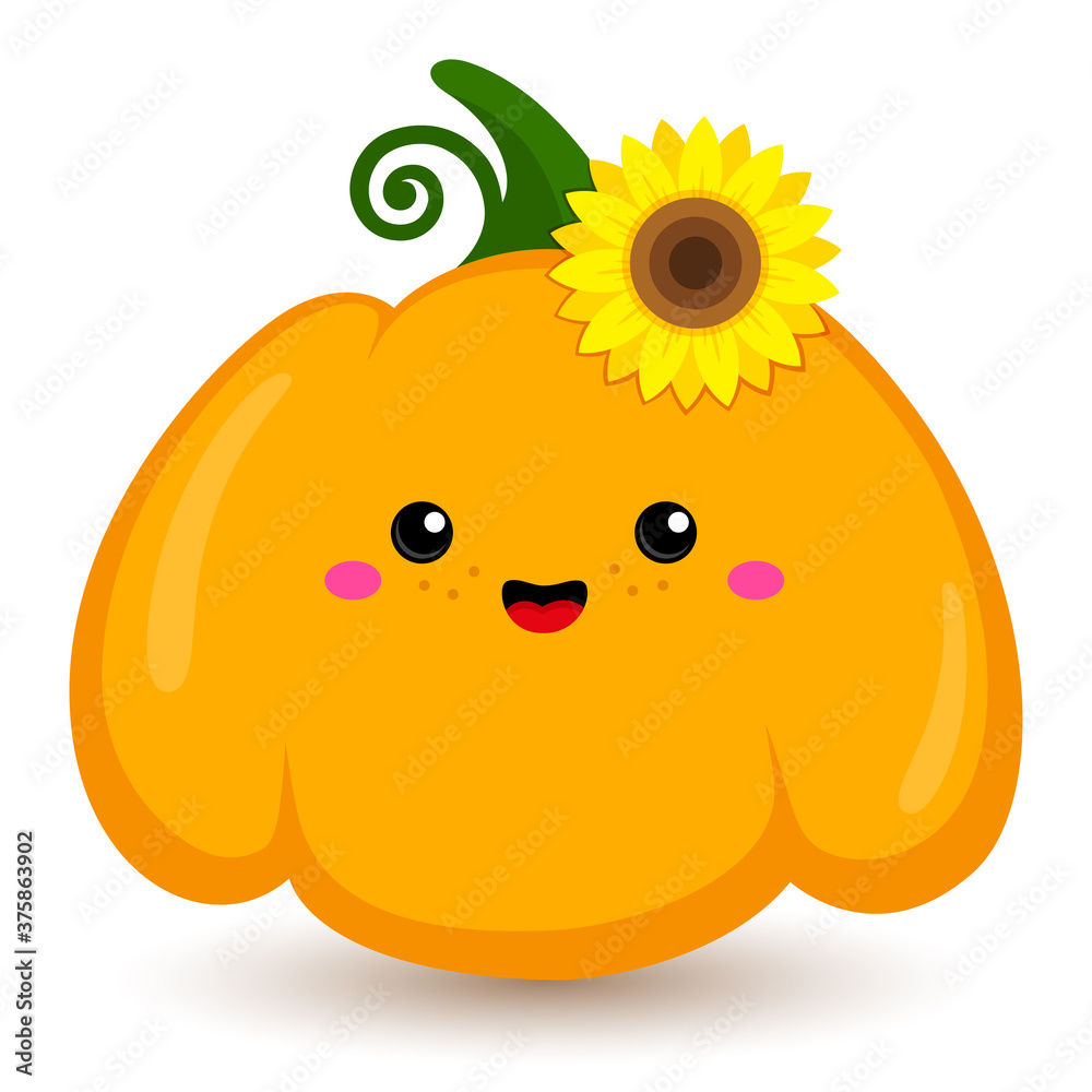 Obraz premium Kawaii pumpkin with sunflower. For Thanksgiving Day. Cute vector illustration. Cartoon style. For stickers, prints, postcards. Autumn symbol. Smiling funny vegetable. Isolated on white background.