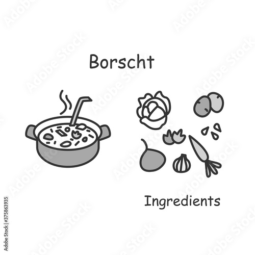 Bosch icon. Russian and Ukrainian cuisine Meat and vegetables soup or stew linear pictogram. Concept of traditional recipes ingredients and home cooking recipes. Editable stroke vector illustration