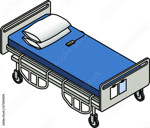 An adjustable electric hospital bed with pillows and railings in the down position.