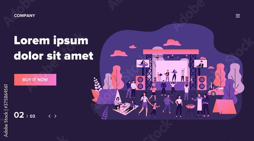 Outdoor rock concert and food festival. Crowd of people listening to music in park, enjoying camping, picnic and barbecue. Vector illustration for open air party, leisure, event concept