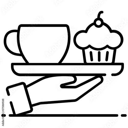 
Tea cup with cupcake in tray holding by hand, room service icon

