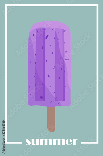 Vector de cartel moderno azul de verano para banner, invitaciones, portadas, redes sociales. Ilustración de helado de palo/hielo morado.