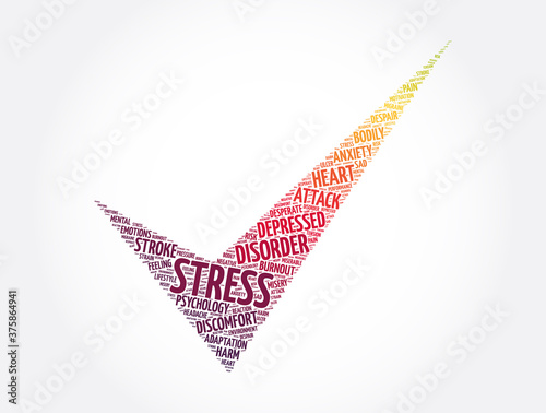 Stress check mark word cloud collage, health concept background