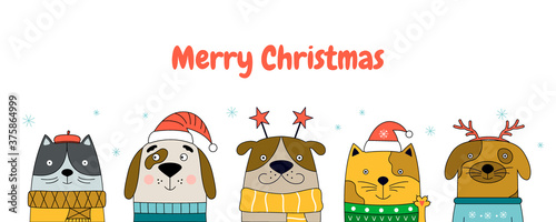 Merry Christmas illustration with cats and dogs.
