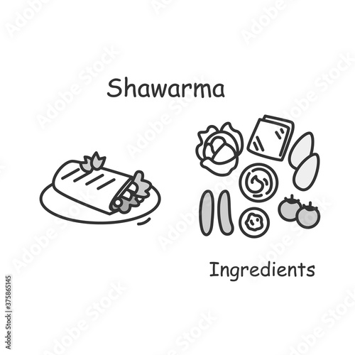 Shawarma icon. Arabian chicken meat and vegetables wrap roll linear pictogram. Concept of Middle Eastern street food and snack recipe and ingredients. Editable stroke vector food serving illustration