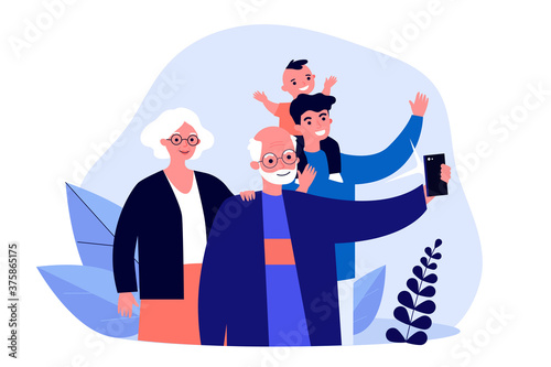 Senior couple taking selfie with son and grandson. Man and kid visiting grandparents flat vector illustration. Family, photography concept for banner, website design or landing web page