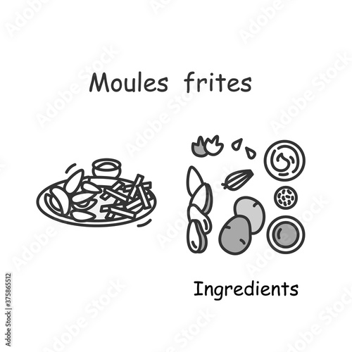 Moules frites icon. Fried shell seafood and potato chips French national dish line pictogram. Traditional European food and recipes ingredient illustration concept. Editable stroke vector for cookbook