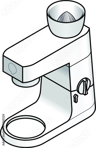 A white kitchen bench top mixer. With a juice squeezer attachment.