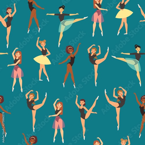Ballerinas seamless pattern, woman dancer, silhouette dance, ballet female drawing, design, cartoon style vector illustration. Elegant pose, art performance, theater dress, cheerful elegant background
