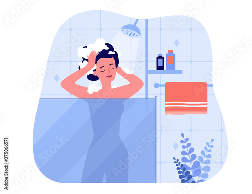 Happy woman taking shower bath, standing inside glass unit, washing head and smiling. Vector illustration for hygiene, bathroom interior, home, morning routine concepts