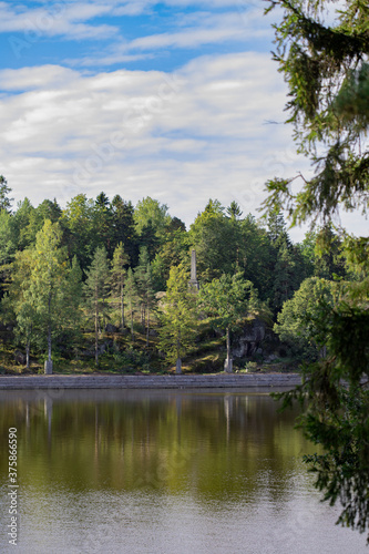 Rocky shores of the gulf of finland of the baltic sea with pines and spruces growing on them