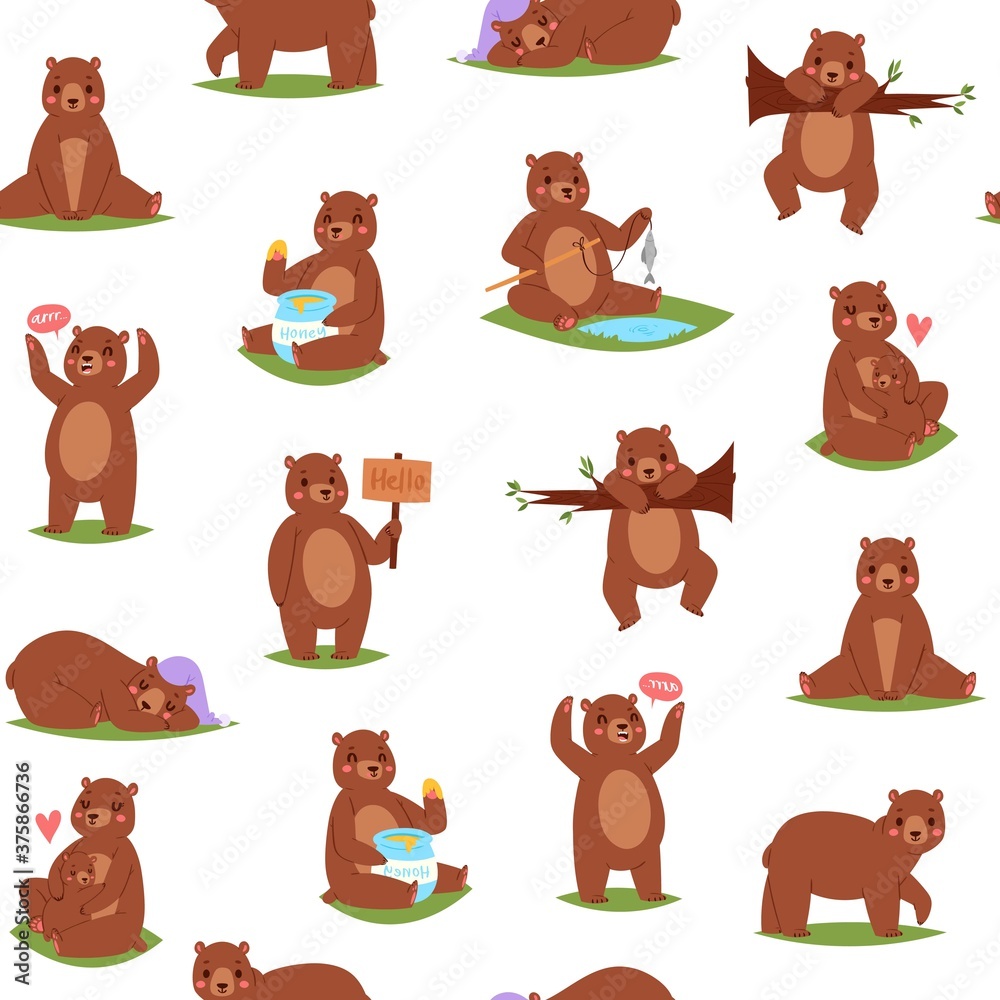 Obraz premium Bear seamless pattern, cartoon cute animal, repeat pattern, ornament print texture, design, cartoon style vector illustration. Fun kindergarten, sweet, polar background, wildlife element, funny print.