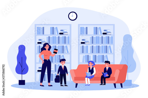 School children reading books in library. Female librarian, bookshelves, pupils flat vector illustration. Education, literature, knowledge concept for banner, website design or landing web page