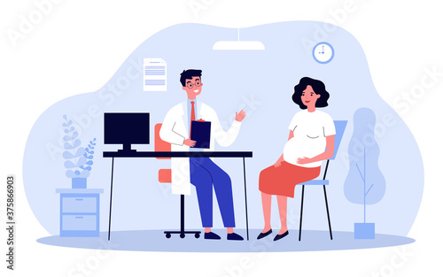 Pregnant woman consulting doctor in his office. Gynecologist talking to expecting patient. Vector illustration for prenatal care, examination, medical checkup concept