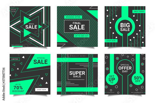 Modern flat editable Green colored sale and discount square posts template collection for social media ads. square online sale web internet banner for digital marketing ads. Vector illustration