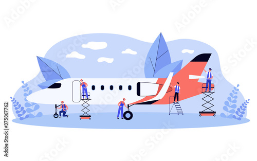 Aviation service team working on airplane. Men in overalls doing mechanic and repair works with plane. Vector illustration for hangar, aircraft maintenance concept