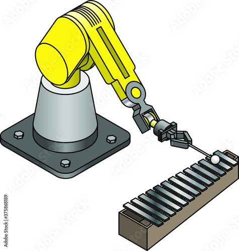 An industrial robot arm playing a xylophone.