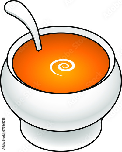 A white ceramic soup tureen of pumpkin soup with a swirl of sour cream.