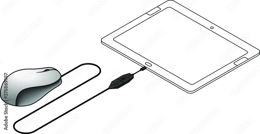 A USB On-The-Go (OTG) cable attached to a tablet to enable the connection of a USB mouse. A USB On-The-Go (OTG) cable attached to a tablet to enable the connection of a USB mouse.