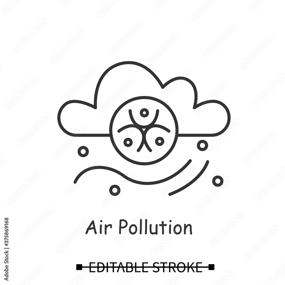 Air pollution icon. Cloud and wind stream with bio hazard line pictogram. Concept of industrial and chemical atmosphere pollution, co2 emission and lungs disease. Editable stroke vector illustration Air pollution icon. Cloud and wind stream with bio hazard line pictogram. Concept of industrial and chemical atmosphere pollution, co2 emission and lungs disease. Editable stroke vector illustration