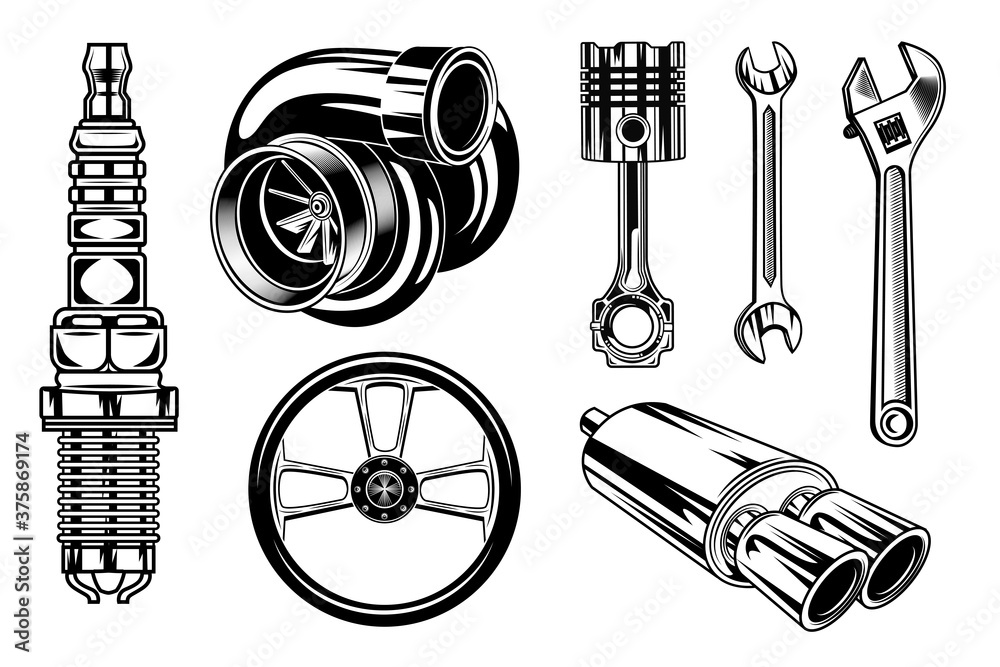Vintage car repair elements set. Monochrome parts and tools, retro chrome  engine, wrenches concept. Vector illustrations collection for garage or  motor mechanic service concept Stock Vector