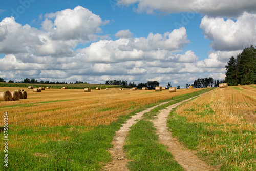 Hay bale. On a cleared field . Against the sky with clouds with a country road