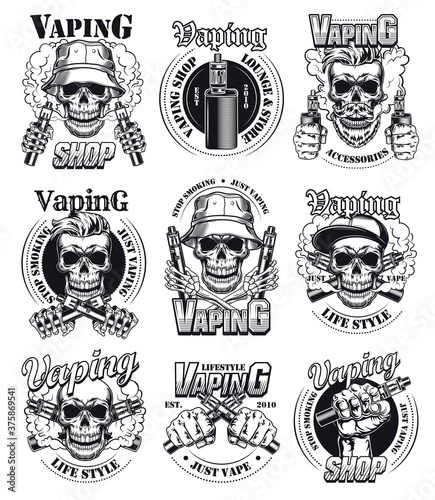 Vape shop label templates set. Vintage monochrome elements with trendy hipster skull, electronic cigarettes and vapor clouds. Vector illustrations for advertising design, shopping or lifestyle concept