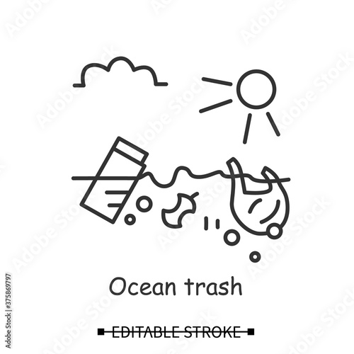 Ocean trash icon. Plastic waste floating on water linear pictogram. Concept of sea microplastic and marine ecosystem waste contamination problem. Editable stroke vector illustration