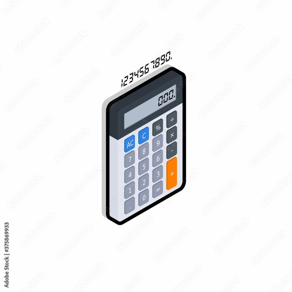 Calculator and Digital number right view Black Stroke and Shadow icon vector isometric. Calculator and Digital number right view Black Stroke and Shadow icon vector isometric.
